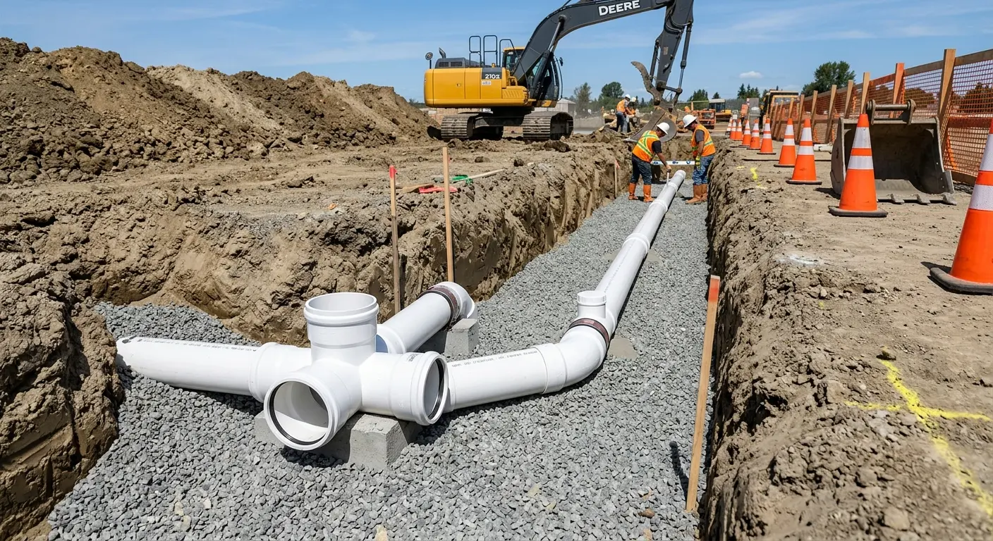 New PVC sewer pipe installation in open trench for Sewer Backup in Jeffersontown